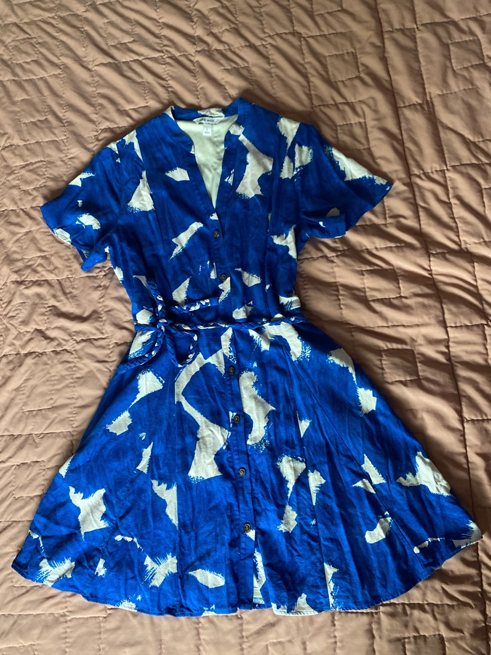 Artsy Nine West Linen Blend Blue & White Button-Front Shirt Dress size Large